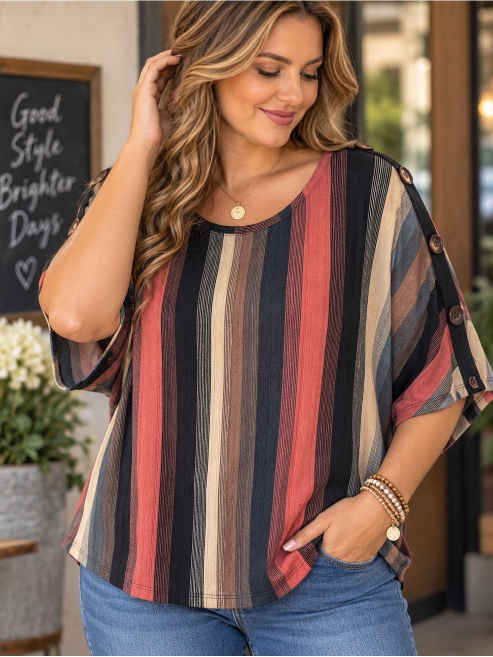 Exclusive One 2X Multicolor Striped Button Sleeve Relaxed Fit Top